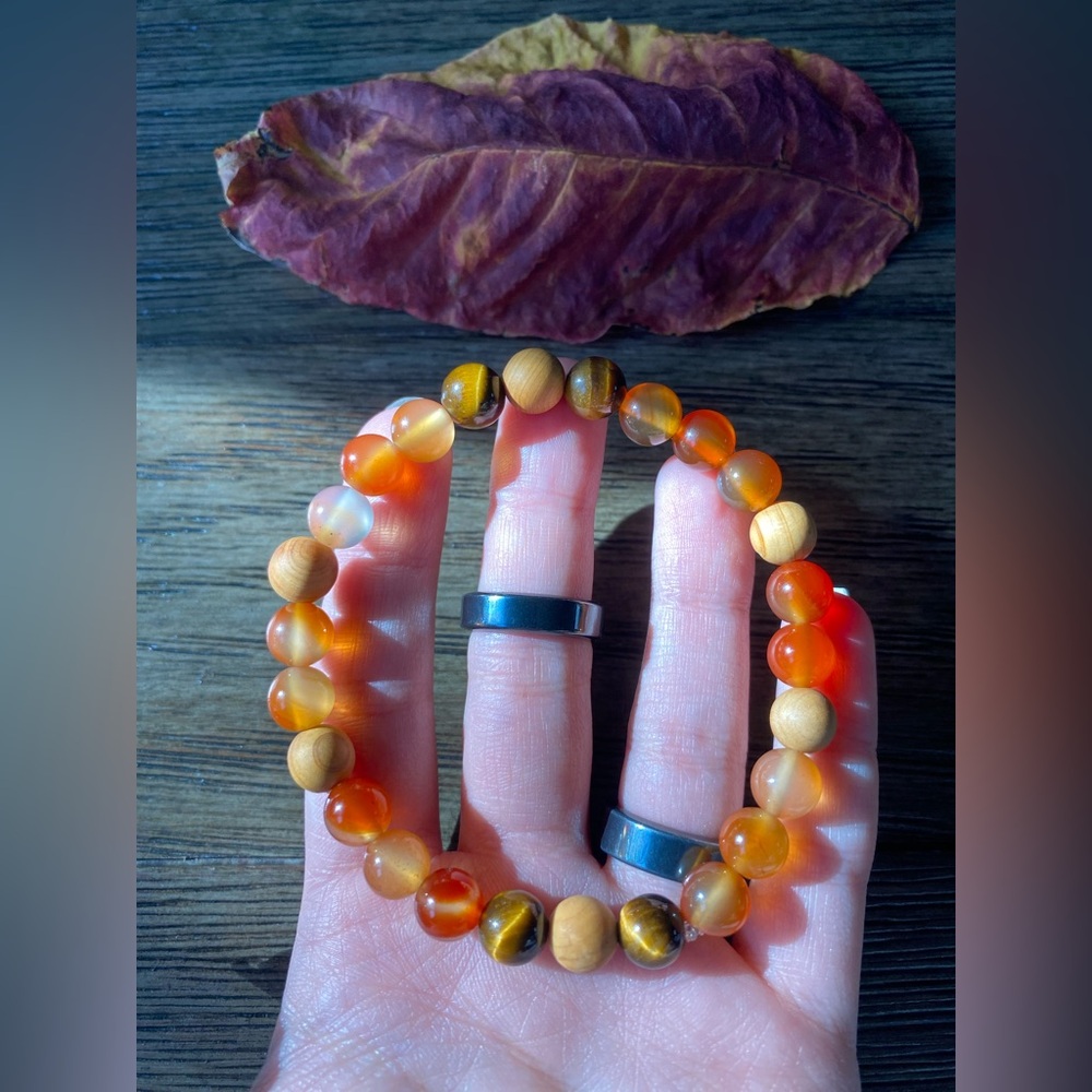 Handmade Carnelian & Tiger’s Eye Crystal and Natural Wood Beaded Bracelet